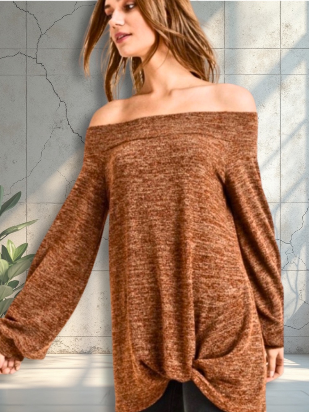 FIRST LOVE SWEATER Brown Off The Shoulder Lightweight Knit Knot Front SZ L & M
